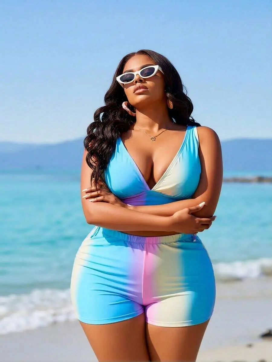 2026 Women's Playful Two-Piece: Pastel Ombre Print Plunge V-Neck Top And Matching High-Waisted Boyleg Shorts sohochic