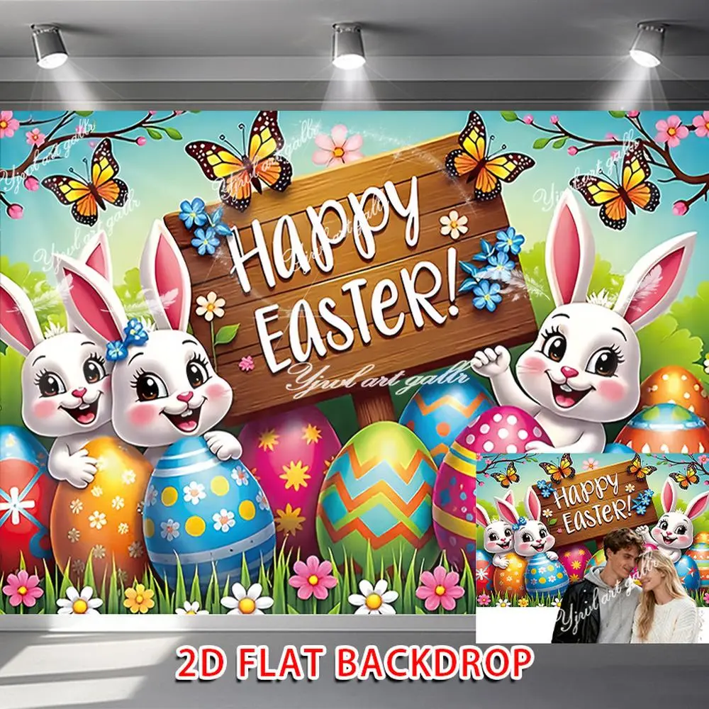 1PC Polyester Reusable 2D Flat Happy Easter Backdrop Banner - Festive Party Decoration Supplies with Cute Bunny, Colorful Eggs, Butterflies for Children’s Photography, Birthday Events, Banners,summerwins