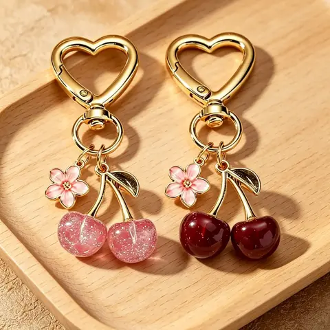 Women's Elegant Floral Cherry Blossom Bag Pendant Keychain, Cute Glitter Cherry Charm, Heart Carabiner Key Ring, Lightweight Small Accessory for Keys/Bags, Mother’s Day Gift