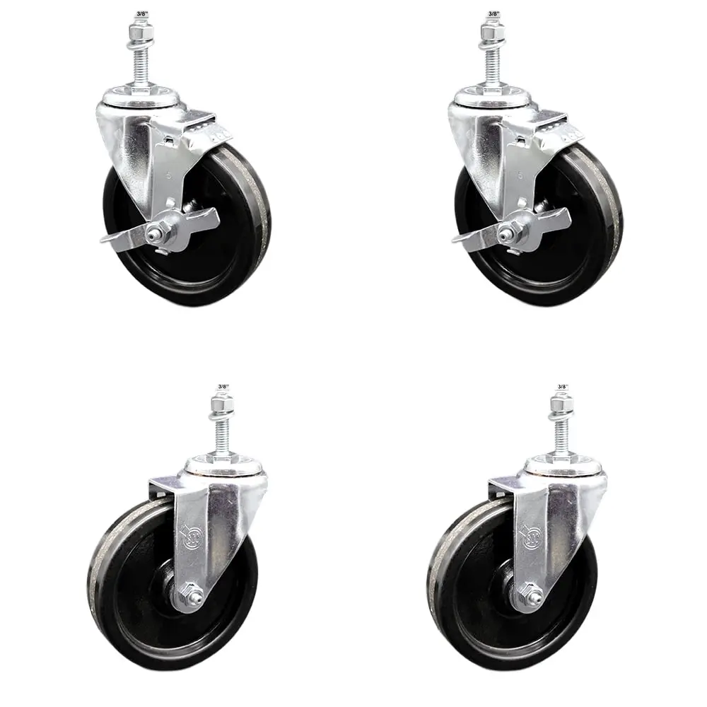 Service Caster Heavy Duty Swivel Type Threaded Stem Caster Wheels with Brake, Stainless Steel Phenolic - 5 x 1.25 in Black High Impact Resistance, 0.38 in Diameter Stem, 1200 lbs Capacity, Set of 4 (SCC-SSTS20S514-PHS-381615-2-TLB-2) for Carts, Hardware