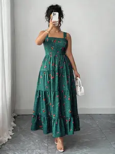 Grid Cherry Print Square Neck Halter Strap Cake Dress, Vintage Farmhouse Style, Casual Wear, Waist Cinching, Slimming, Plus Size Women's Clothing