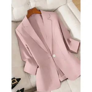 women's pure color linen thin lightweight Breathable temperament high-end sense of seven-eighths sleeve Fitted suit jacket, suitable for spring and summer,  daily wear.