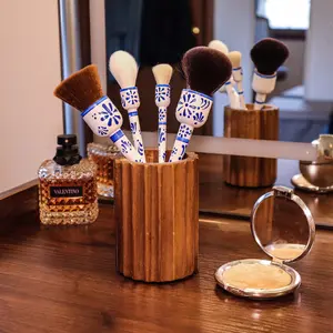 Hand Painted White Talavera Inspired Wooden Makeup Brush Set of 4 with Floral Design Dense Soft Bristles for Flawless Application