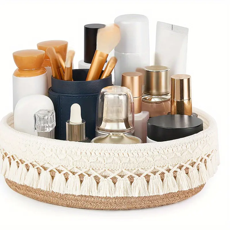 Boho Style Storage Basket with Tassels, Natural Woven Organizer for Cosmetics & Home Decor, Multi-Purpose Rope Box for Organizing Essentials, Multipurpose Basket, Bohemian Basket, Baskets for Organizing
