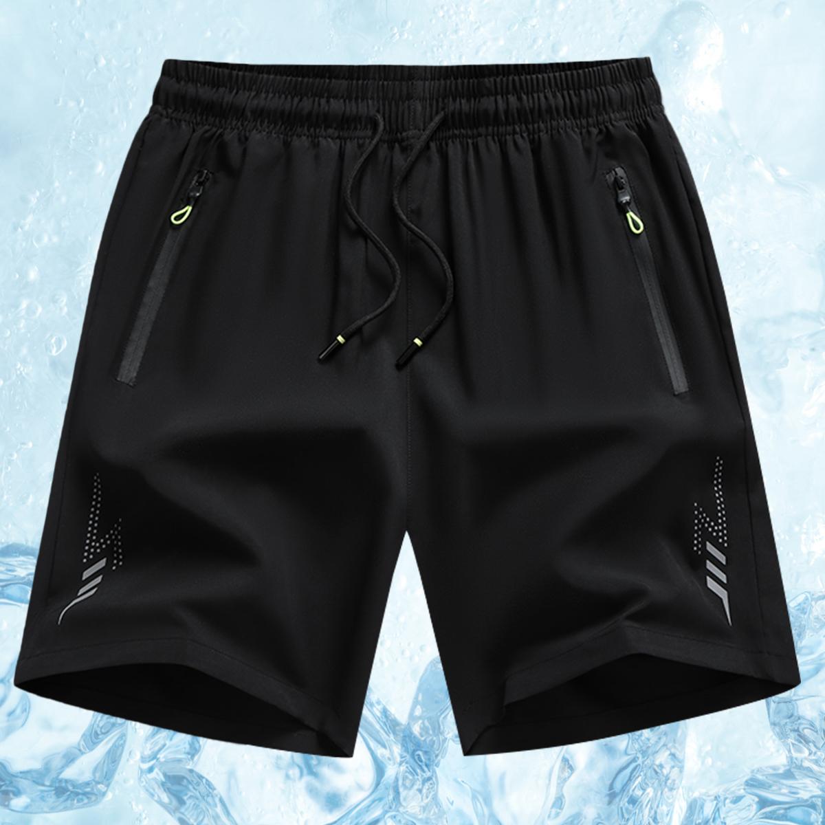 Pack of 4 men’s plus-size athletic shorts, loose fit, comfortable sports fabric, zippered pockets, solid color, slight stretch—ideal for night running, casual wear, beach trips, everyday commuting, and plus-size workwear.