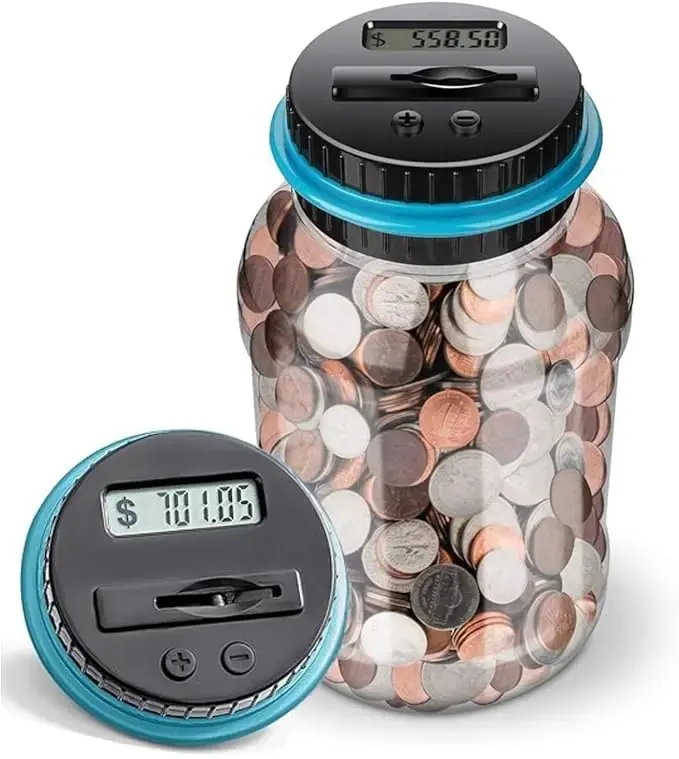 Smart Counting Coin Jar,1 Pcs LCD Display Coin Bank with Button,Coin Storage Jar with Count Function,Home Decor,Gift for Kids&Adults,Digital Piggy Bank,Electronic Coin Bank,Coin Savings Bank,Money Jar,1.8L Capacity Coin Money Jar,Designed for All US Coins
