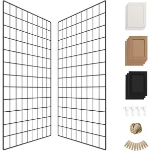Wall Photo Grid Shelf, Wall Hanging Ins Art Display Grid Panel for Decor & Storage, Metal Wire Notice & Memo Board, Mesh Tool Organiser Frame 2 count (Black, 25.6 x 17.7 inches)