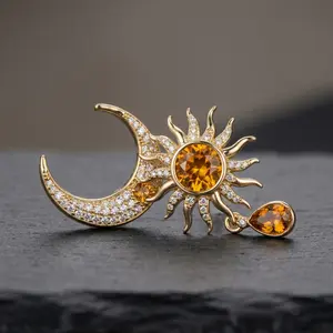 Mismatched Sun-Moon Ear Stud Earrings - 6.7g Antique Tone Copper Earrings, Asymmetrical Amber Crystal Celestial Motif Unisex Stud Plugs, Retro Symbolic Goddess Accessory for Daily Wear Gifting