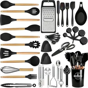 37-piece kitchen utensil set with wooden handles, silicone cooking utensils, 450°F (approx. 230°C) heat-resistant food-grade spatula set, kitchen gadget and spoon set, suitable for nonstick cookware