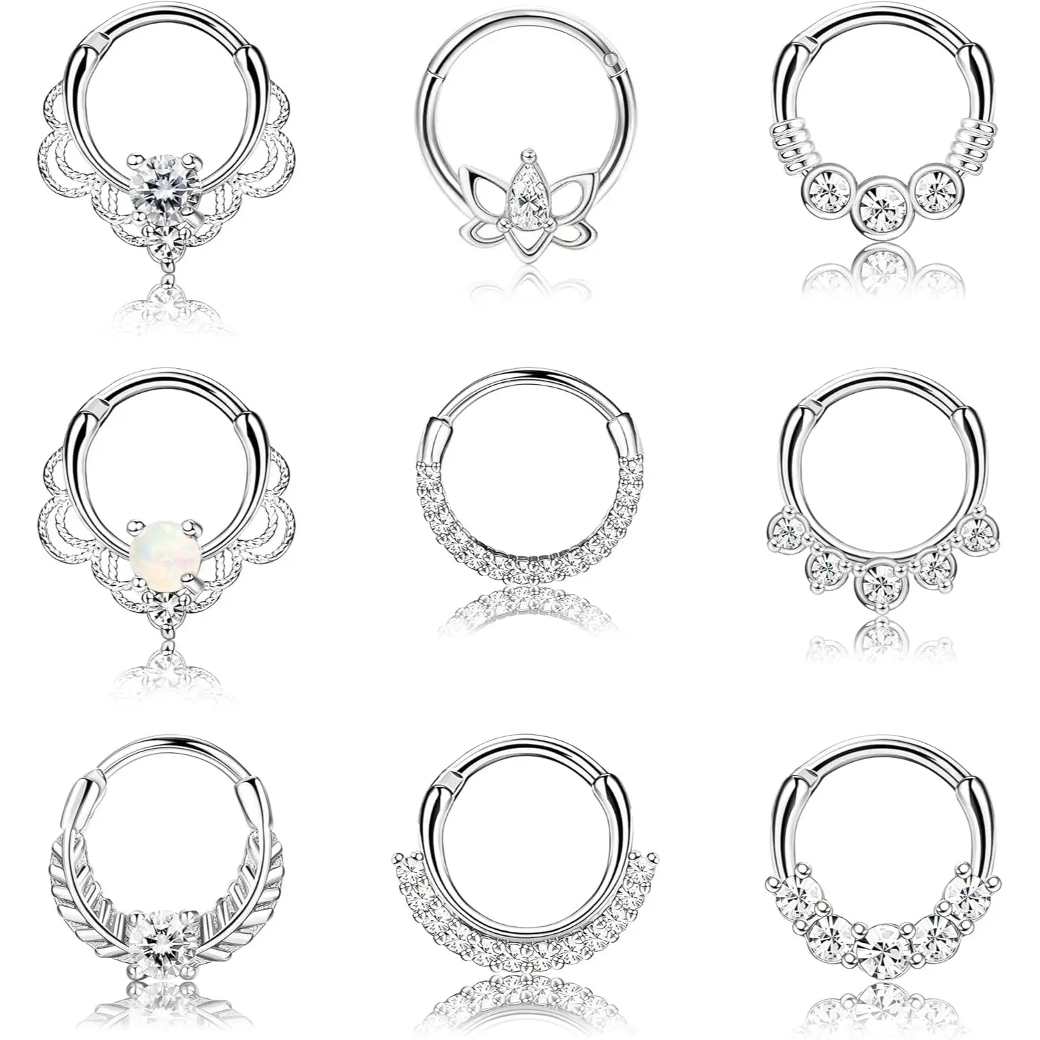 FUNRUN 9Pcs 16G 316L Surgical Steel Septum Rings Set | Opal & CZ Daith Hoop Earrings | Hinged Segment Clicker for Helix, Tragus & Cartilage Piercing | Hypoallergenic Body Jewelry DealsForYouDays