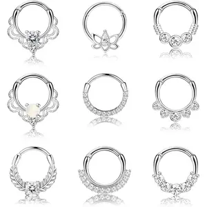 9Pcs 16G 316L Surgical Steel Septum Rings Set | Opal & CZ Daith Hoop Earrings | Hinged Segment Clicker for Helix, Tragus & Cartilage Piercing | Hypoallergenic Body Jewelry