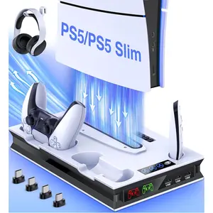 ESYWEN PS5 Slim Stand and Cooling Station with Dual Controller Charging Compatible with PlayStation 5 Slim Digital Disc Edition, PS5 Console Accessories Vertical Stand with Headset Holder, 3 USB Hub, Cable