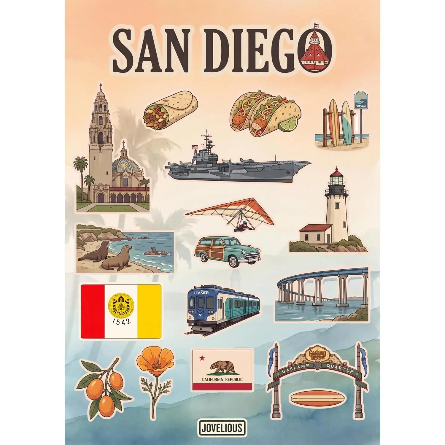 San Diego Sticker Sheet, A5 Matte Vinyl Kiss Cut Stickers, Designed in Brooklyn, California