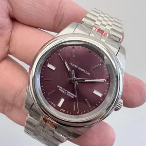 Men's Luxury Oyster Perpetual Watch with Maroon Dial and Stainless Steel Band