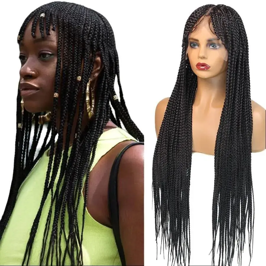 DOSAY Synthetic Knotless Box Braided Wig With Bangs 32'' Handmade Cornrows Braids For Women Blunt Bangs Dreadlocks Jumbo Braids 100% Heat-Resistant Fiber Full Lace 360 Front Adjustable Cap
