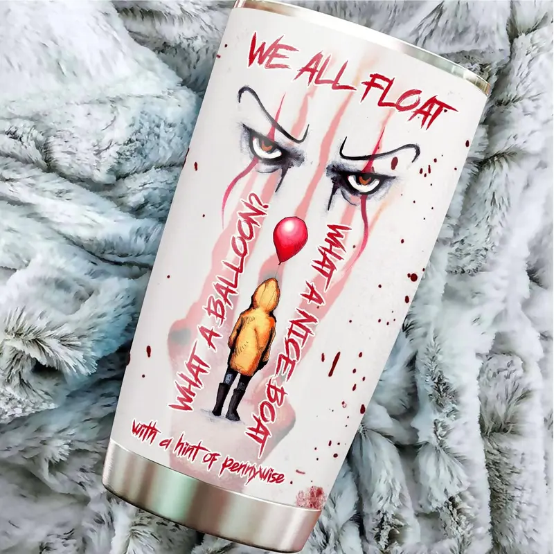 Pennywise IT Tumbler, We All Float Horror Movie 20oz Tumbler, Spooky Season Coffee Mug for Horror Fans, Scary Travel Cup with Lid, Gift for Halloween