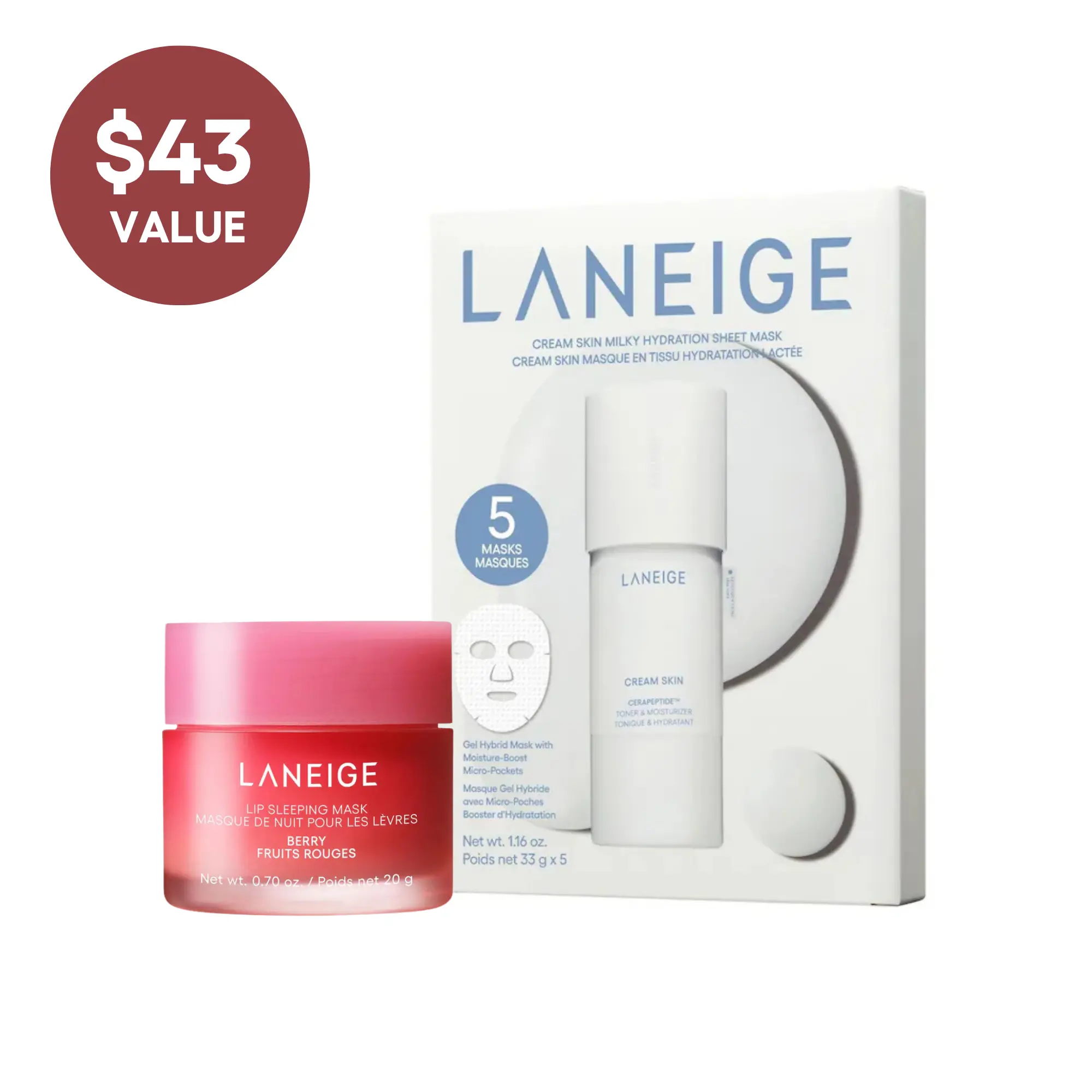 NEW Exclusive Bundle: Laneige Cream Skin Sheet Mask & Lip Sleeping Mask Duo