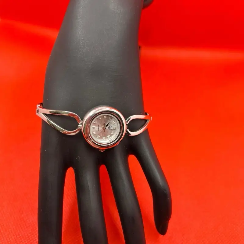 Women's Fashion 925 Sterling Silver Bangle Watch - 8 in, Quartz Movement, Rhinestone Hour Markers, Round Face, Pointer Dial, Daily Wear Wrist Watch