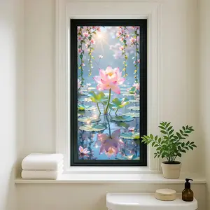 1pc Zen-style elegant pink lotus water reflection Electrostatic waterproof Electrostatic sticker Suitable for home decoration Glass decoration Privacy decoration glass sticker Creative DIY floral electrostatic sticker