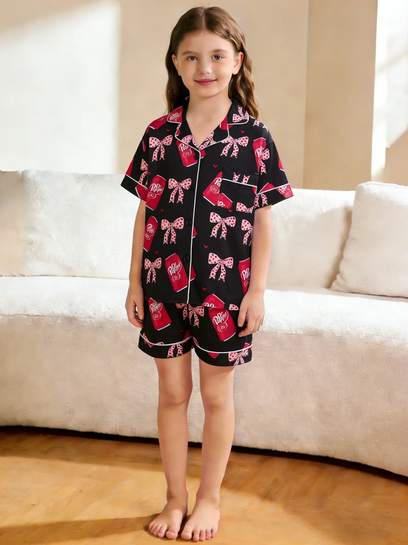 2-piece set of children's clothing, Pajamas Sleepwear, Print Pajama Set, Printed Sleepwear Set, girls' black background, bow, short sleeved shorts, top with small pockets, elastic waistband, all season daily home, Pajama, Pj Set