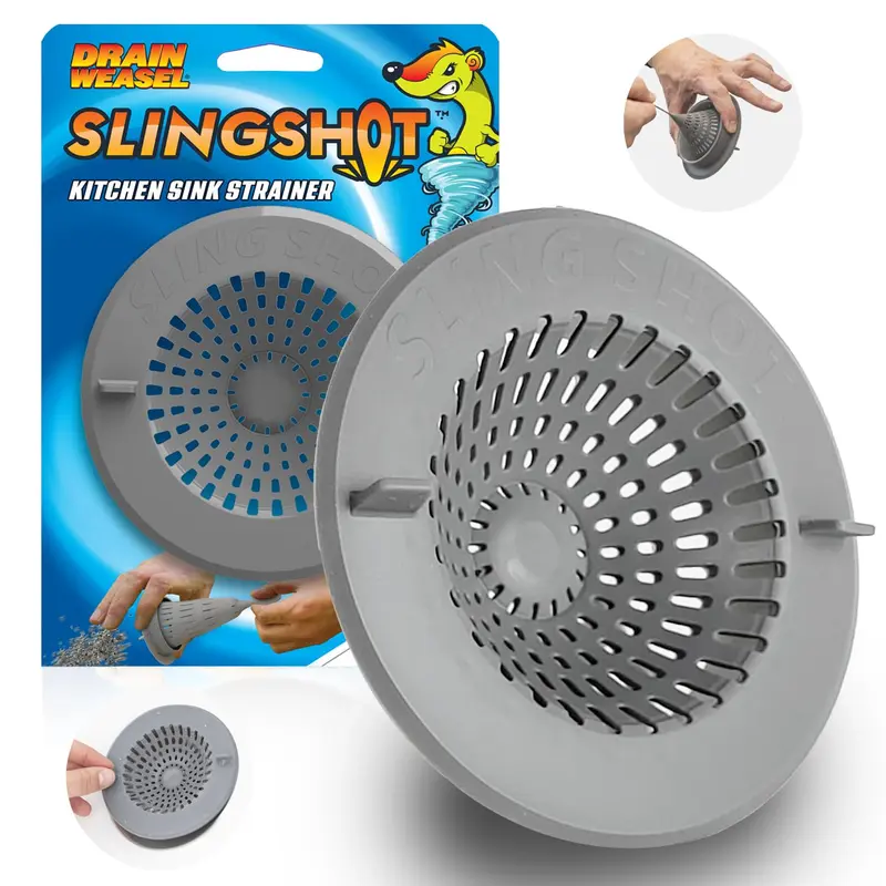 Drain Weasel Slingshot 1 Kitchen Sink Strainer Cover Basket - Plastic-Silicone Build, Durable Food Catcher, Stopper, Screen Filter, Dishwasher Safe, Lift-Out Tabs, Easy Waste Removal, Innovative Design, Foldable Sling, Pullback Empty, 1 Pack