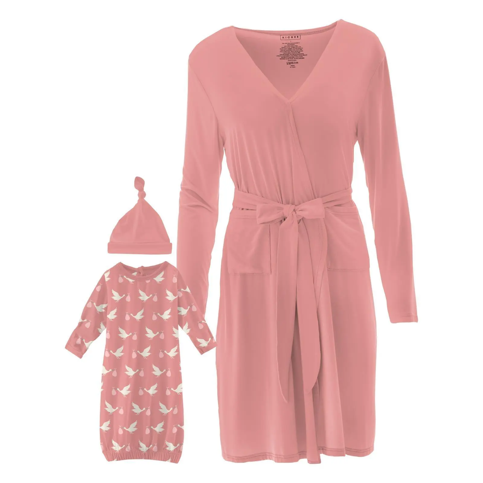 Bamboo Mid Length Lounge Robe & Layette Gown Set - Blush Stork