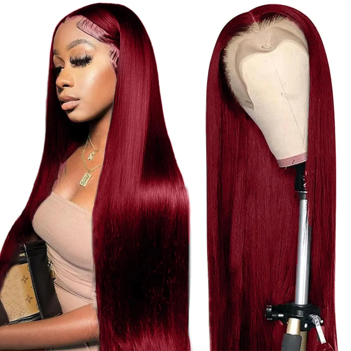GK 99j Burgundy Lace Front Wigs Human Hair 28Inch 13x6 Burgundy Wig Human Hair 180% Density Straight Human Hair Wigs for Women Pre Plucked with Baby Hair
