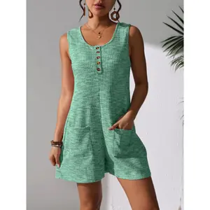 Plus Size Women's Sleeveless Jumpsuit Button Front Open Casual One-piece with Pockets Machine Washable Spring Summer Non-transparent Material Polyester Women's Knitted Medium Workwear Pants Solid Color Spandex Vest Slim Fit Light Yellow