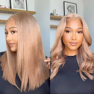 Arabella Ash Blonde Long Bob 6x5 Glueless Put-on-Go Lace Closure Human Hair Wig 250% Super Silky Straight High Density Double Drawn Milk Tea Frontal Lace Wig