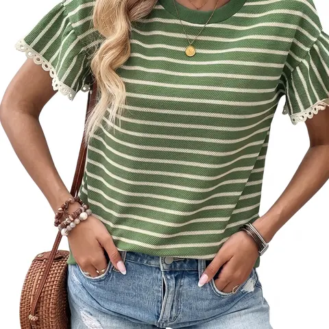 Shewin Women's Ruffled Striped Knit Short-Sleeve Crewneck T-Shirt - Eyelet Lace Trim, Cotton, Shape-Retaining Fabric, Casual Chic Fitted, Cold Wash, Do Not Dry Clean, Back to School Outfit (Pairs with Jeans/Skirts)
