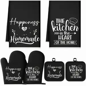 6pcs Kitchen Decor Accessories Set Farmhouse Towels Pot Holders Oven Mitts Set 2 Dish Towels 2 Potholders 2 Cooking Mittens Oven Glove for Baking Cooking Supply(Black, Kitchen)Home Kitchen Set, Suitable for Christmas, Available for Various Holidays