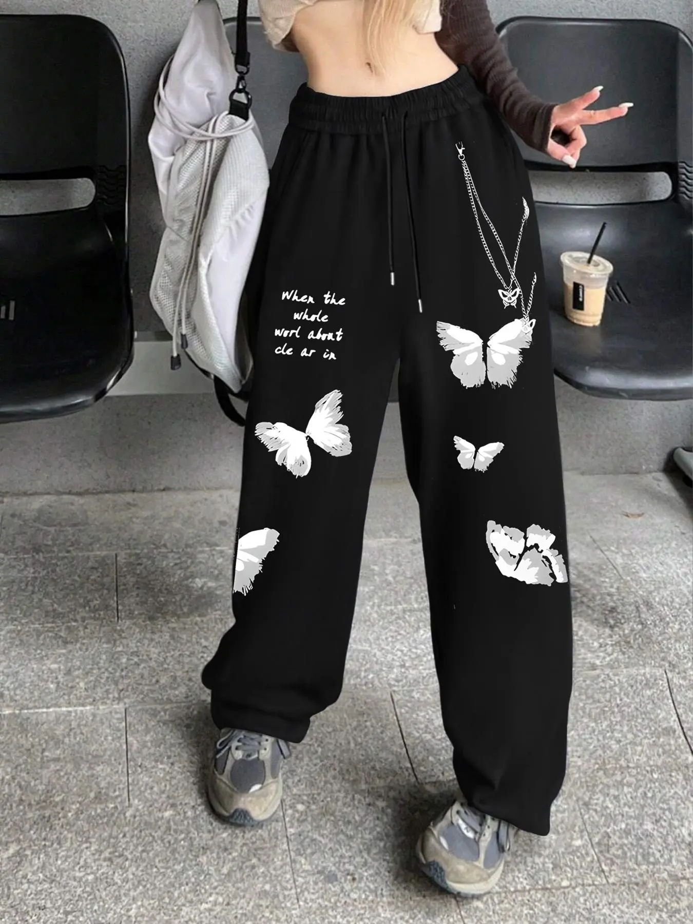 Women's Butterfly & Letter Print Drawstring Waist Sweatpants, Casual Comfy Jogger Pants for Daily Wear, Ladies Bottoms for Summer