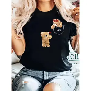 Graphic Tee [Cute Teddy Bear T Shirt] Soft Women's Black Cute Teddy Bear LOVE Graphic T-Shirt |   Machine Washable All-Season Comfort Fit, Durable Fabric Shirt, Round Neck Short Sleeve Casual Top