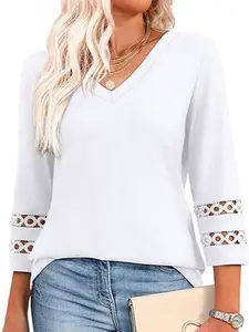 2026 Spring Summer Solid V Neck Lace Trim 3/4 Sleeve T-Shirt for Women – Casual Hollow Out Cuff Top