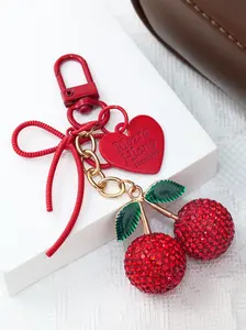 Red Rhinestone Cherry Keychain Ladies Key Ring,Sparkling Cherry Pendant,Red Heart & Bow Glitter Cherry Charms,Decorative Bowknot,Cherry Handbag Charm,Cherry Women's Bag Keychain Purse Accessories Key Chain Jewelry Gift for Her
