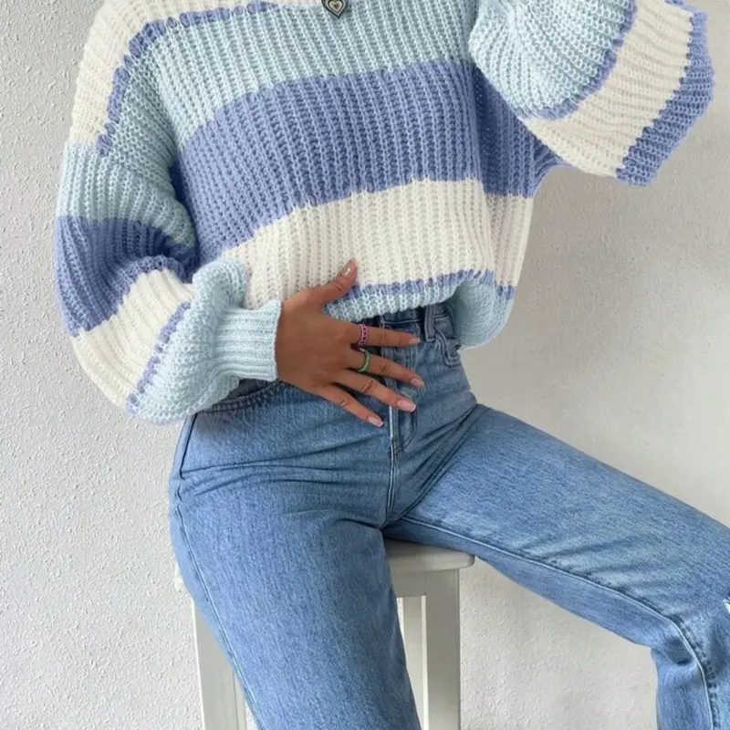 Colorblock Rib-Knit Drop Shoulder Sweater, Long Sleeve Tops Knit Pullover Fall Winter Sweater Knitwear Womenswear
