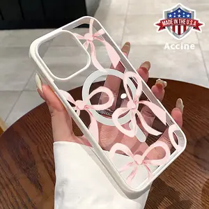 MagSafe Phone Case for iPhone 16 Pro Max 15 Plus 14 13 12 11 XR E XS Powdery Pink Ribbon Reverie Transparent Acrylic Non Slip Pocket-Friendly Phone Cover Gift for Girl