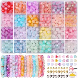 700pcs 8mm Glass Beads for Jewelry Making, 24 Colors Crystal Beads for Bracelets Making Kit, Round Beads DIY Crafts with Spacer Beads for Girls Women