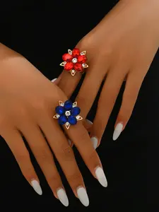 Vintage Palace Style Blue Color Starburst Gemstone Ring Set, Geometric Petal Design, Wedding Banquet High-End Accessory