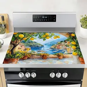 JOYFINITY Single Piece, Brightly Colored Lemon Tree Print, Featuring Coastal Village Architecture. The Stove Cover Is Heat-Resistant, Oil-Proof, Non-Slip, Reusable, And Durable