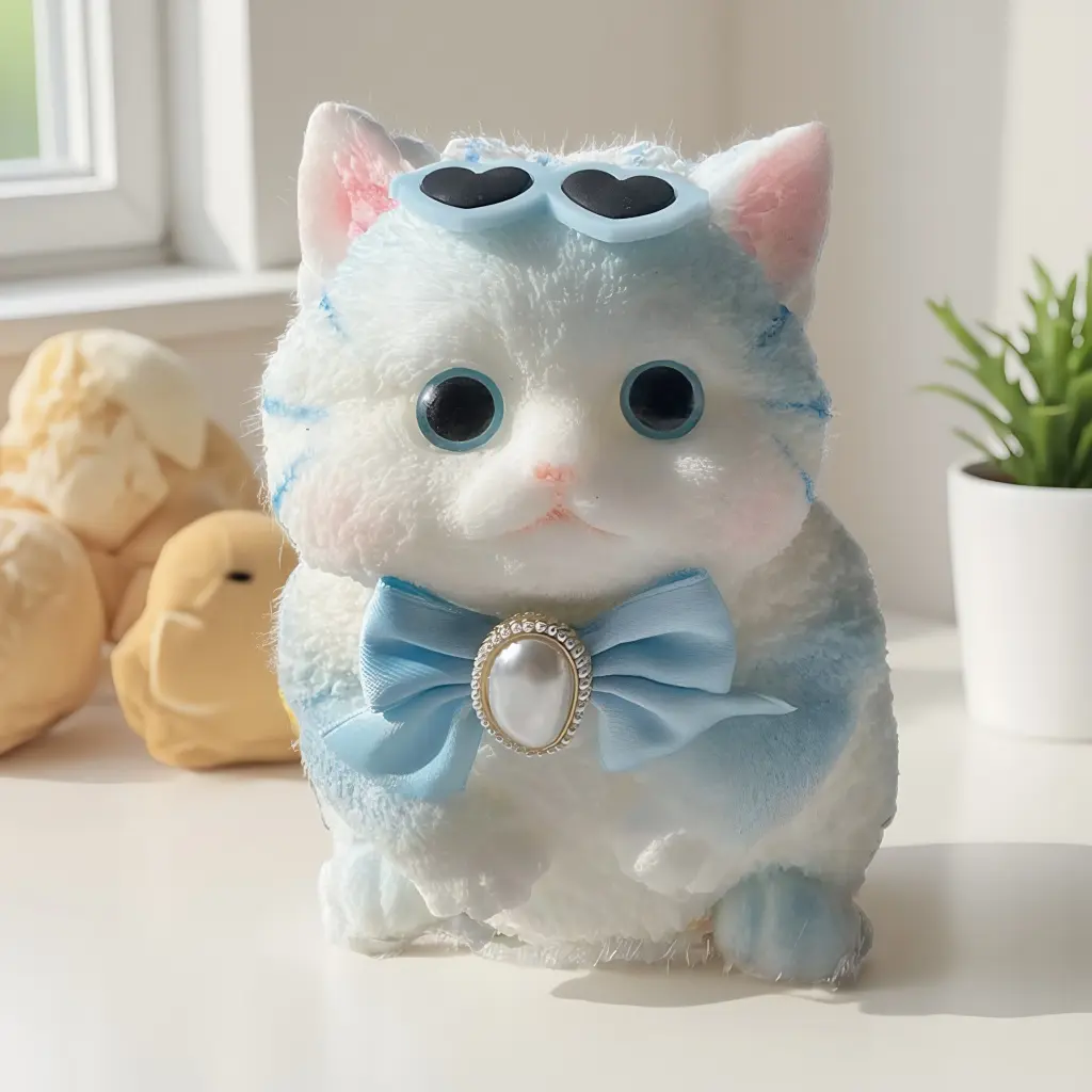 Flocked Blue Cat Squishy Toy with Sunglasses - Latex Rubber Collectible, Soft Slow Rebound Unisex Stress Relief Fidget Toy for 12+ Years, Nitrosamine-Free, Phthalate-Free, No Battery Needed, Ideal for Decoration, Aids Memory Training and Observation