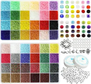 Size 2mm Seed Beads 48 Colors in Grid Storage Box Total About 36000 count,12/0 Small Seed Beads with Rings,Claw Clasps,Elastic String and Alphabet Letter Beads for Bracelet  Making