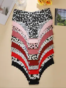 Women's Leopard Print & Solid Color Panties, Comfortable Seamless Triangle Underwear, V-Shape Pull-Up Waistband, Floral Pattern
