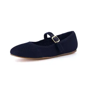 CUSHIONAIRE Women's Petal Mary Jane Knit Flat – Stretchy Textured Fabric, Adjustable Strap, Memory Foam Navy Knit 7W