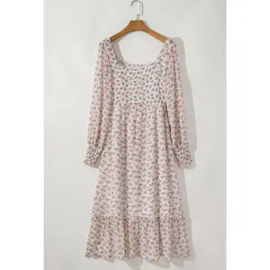 White Floral Print Ruffled Midi Dress