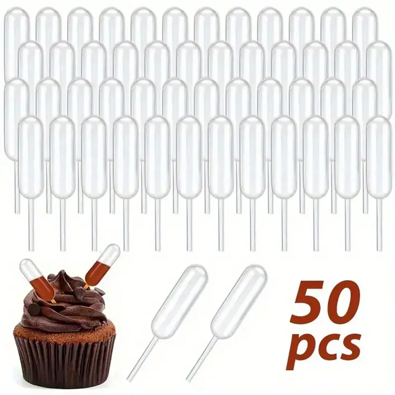 Cupcake Pipettes, 50 Pcs 4 ml Clear Plastic Dropper Pipettes, Suitable for Cupcakes, Ice Cream, Mini Cakes, Waffles, Pastry Decorating Tools, Cake Decoration Tools, Baking Accessories, Baking Supplies