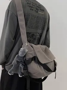 New Japanese-Style Casual Low-Saturation Gray-Toned Large-Capacity Crossbody Bag Fur-Tassel Flap Shoulder Bag Casual Commuter Bag Perfect for Daily Commuting, Campus Life, and Casual Outings, Stylish Crossbody, Cross Body Bags, Trendy Commuter Bag