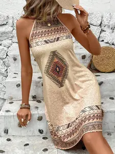 Women's Ethnic Geometric Print Halter Neck Short Mini Dress, Sleeveless Bohemian Loose Fit Dress, Beach Vacation Summer Casual Boho Chic Wear, Womenswear