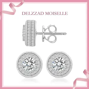 Delzzad Round VVS Synthetic Moissanite Hip Hop Iced Out Halo Stud Earrings Synthetic Moissanite Jewelry Perfect Birthday Anniversary Gift for Women Accessories Men Studearrings