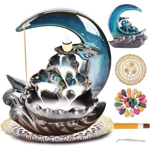 Handmade Ceramic New Moon Backflow Incense Holder, Fountain Burner with 100 Cones, Fragrance Stick, Mat, Home Aromatherapy Decoration